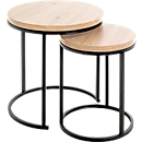 Table d'appoint HAKU, set de 2, ronde, tube d'acier, revêtement par poudre, décor chêne clair, noir