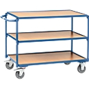 Tischwagen, leicht, 3 Etagen, L 1000 x B 600 mm, bis 300 kg, Stahl/Holz, blau/buche