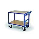 Transport trolley with table, 2 loading surfaces, dead man's brake, load capacity 500 kg, 1000 x 700 mm
