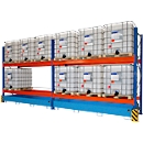 Umwelt-Grundregal 3300-2, Palettenregal, B 3500 x T 1300 x H 3000 mm, für max. 6 IBC, Auffangwanne 1000 l, lichtblau/verkehrsblau/reinorange