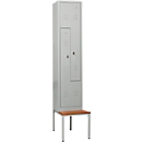 Vestiaire, 2 compartiments, avec banc, 2 compartiments, avec portes en Z, serrure à came batteuse, gris clair/gris clair