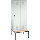 Vestiaire Evolo S 3000, acier, avec banc intégré, 2 compartiments, l. 400 mm chacun, serrure de sécurité à came batteuse, gris clair RAL 7035/gris clair RAL 7035