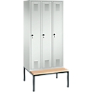 Vestiaire Evolo S 3000, acier, avec banc intégré, 3 compartiments, l. 300 mm chacun, serrure de sécurité à came batteuse, gris clair RAL 7035/gris clair RAL 7035