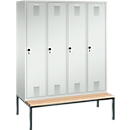 Vestiaire Evolo S 3000, acier, banc, 4 compartiments, l. 400 mm chacun, came batteuse, gris clair RAL 7035/gris clair RAL 7035