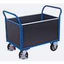 Vierwandige wagen, staal/zeefdrukplaat, gentiaanblauw/donkerbruin, L 995 x B 650 mm, verwijderbare langswanden, massief rubberen zwenkwielen met EasySTOP, 1000 kg