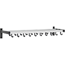 Wall-mounted coat rack - 19 individual hooks + hat shelf, silver matt anodized aluminium profiles, black (RAL 9005) epoxy-coated supports, black plastic hooks/covers, dimensions H 160 × W 1000 × D 330 mm