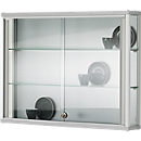 Wall-mounted display case, hook-in, 2 adjustable glass shelves, lockable sliding doors, ESG safety glass, W 1000 x D 200 x H 800 mm