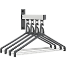 Wandgarderoben-Element – epoxidbeschichtet (mattsilber/tiefschwarz RAL 9005), Kleiderstange, 4 Einzelhaken (Abstand 70 mm, Traglast je Haken 10 kg), inkl. 4 Kleiderbügel, H 300 × B 450 × T 280 mm