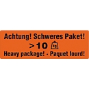 Warnetiketten „Achtung! Schweres Paket >10 KG“, 3-sprachig, 149 x 48 mm, perforiert, Haftpapier, leuchtrot mit schwarzem Aufdruck, 1 Rolle mit 500 Stück