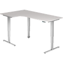 Winkelschreibtisch ULM, elektrisch höhenverstellbar, 90° Winkel links, T-Fuß, B 2000 x T 1200 x H 625-1275 mm, lichtgrau/weißalu + Memoryschalter