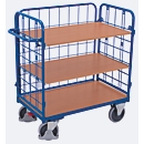 Wire mesh shelf trolley, steel/MDF board, gentian blue/beech decor, 1 shelf, 850 x 500 mm, hook-in side panel, EasySTOP, up to 400 kg