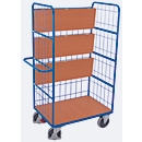 Wire mesh shelf truck, steel/MDF board, gentian blue/beech decor, 4 shelves, 975 x 700 mm, EasySTOP, up to 500 kg
