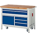 Workbench series 8922, height adjustable, 5 drawers, 1 drawer compartment with door, W 1250 x D 700 x H 880 mm