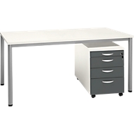 Komplettset NEVADA, Schreibtisch B 1600 mm, Rundrohrfuß + Rollcontainer 4 Schübe, weiß/weiß-dunkelgrau