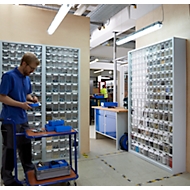 Vorratsschrank, Volumen 333 l, 69 herausnehmbare Lagerboxen mit Griffmulde, B 665 x T 250 x H 2000 mm, l.grau/transp.