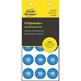 AVERY® Zweckform Prüfplaketten mit Jahreszahl 2019, 120 Stück á Ø 20 mm, Vinyl-Folie, blau