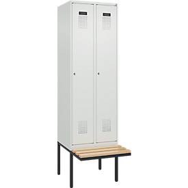  Kleiderspind C+P Evolo Plus, 2 Abteile à 300 mm Breite, schwebende Sitzbank, B 600 x T 815 x H 2120 mm, Zylinder, lichtgrau/lichtgrau