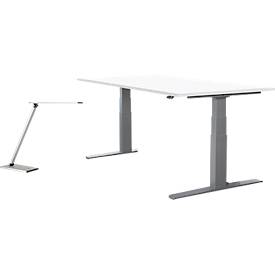 2 tlg. Büromöbel-Set, Schreibtisch Login, elektrisch höhenverstellbar, B 1600 mm, weiß/weißaluminium + LED-Tischleuchte Terra