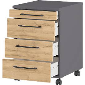 2-tlg. Büromöbelset Profi 2.0, Schreibtisch, mechanisch höheneinstellbar, inkl. Rollcontainer mit 4 Schubladen, schwarz/graphit/Eiche
