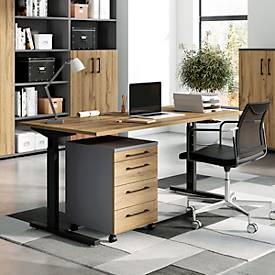 2-tlg. Büromöbelset Profi 2.0, Schreibtisch, mechanisch höheneinstellbar, inkl. Rollcontainer mit 4 Schubladen, schwarz/graphit/Eiche