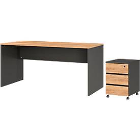 3-delige kantoormeubelset Boston, 1 staand bureau, B 1580 x D 790 mm, 1 verrijdbare lade, B 410 x D 500 x H 600 mm, antraciet/Navarra eik