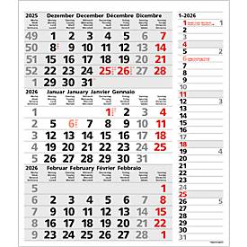 3-Monatsplaner Korsch Combi 2026, Wandkalender, Datumsschieber, Streifentimer, D/GB/F/I, Sonn-/Feiertage rot, B 300 x H 478 mm, Papier, grau