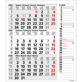 3-Monatsplaner Korsch Combi 2026, Wandkalender, Datumsschieber, Streifentimer, D/GB/F/I, Sonn-/Feiertage rot, B 300 x H 478 mm, Papier, grau