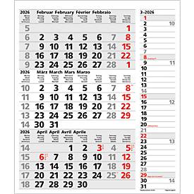 3-Monatsplaner Korsch Combi 2026, Wandkalender, Datumsschieber, Streifentimer, D/GB/F/I, Sonn-/Feiertage rot, B 300 x H 478 mm, Papier, grau