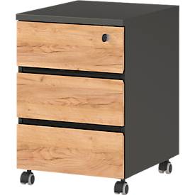 3-tlg. Büromöbelset Boston, 1 Wangenschreibtisch, B 1580 x T 790 mm, 1 Rollcontainer, B 410 x T 500 x H 600 mm, anthrazit/Navarra-Eiche