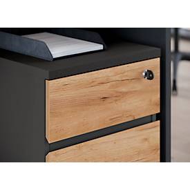 3-tlg. Büromöbelset Boston, 1 Wangenschreibtisch, B 1580 x T 790 mm, 1 Rollcontainer, B 410 x T 500 x H 600 mm, anthrazit/Navarra-Eiche