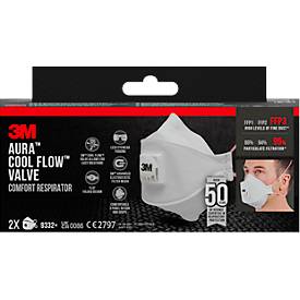 3M Einweg Atemschutzmaske AURA™ COOL FLOW™ 9332+, Filterklasse FFP3, mit Ventil, 3-teilig, faltbar, weiß, Packung mit 2 Stück
