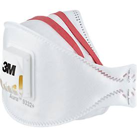 3M Einweg Atemschutzmaske AURA™ COOL FLOW™ 9332+, Filterklasse FFP3, mit Ventil, 3-teilig, faltbar, weiß, Packung mit 2 Stück