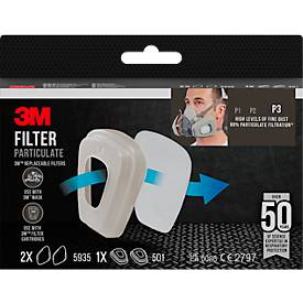 3M Partikelfilter 5935, Schutzklasse P3, für 3M Gas- und Dampf-Filterpatronen mit Filterhalterung 501, Packung mit 2 Paar + 1 x Filterhalterung 501