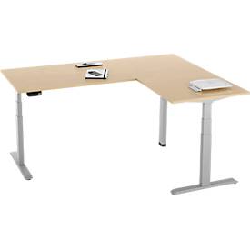 90° Winkeltisch, elektrisch höhenverstellbar, 3-Motoren-Technik, bis 150 kg, T-Fußgestell, B 2000 x T 1600 mm, inkl. Memorymaster, Ahorn