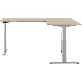 90° Winkeltisch, elektrisch höhenverstellbar, 3-Motoren-Technik, bis 150 kg, T-Fußgestell, B 2000 x T 1600 mm, inkl. Memorymaster, Eiche