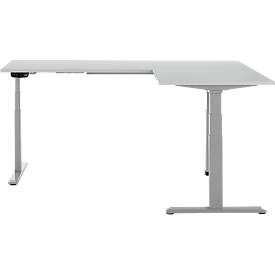 90° Winkeltisch, elektrisch höhenverstellbar, 3-Motoren-Technik, bis 150 kg, T-Fußgestell, B 2000 x T 1600 mm, inkl. Memorymaster, lichtgrau
