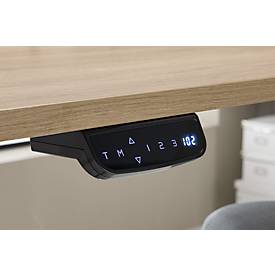 90° Winkeltisch mit Akustik-Tischtrennwand & Kabelführung, Memorymaster, elektrisch höhenverstellbar, T-Fuß, B 2000 x T 1600 mm, Ahorn-Dekor