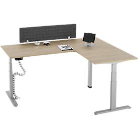 90° Winkeltisch mit Akustik-Tischtrennwand & Kabelführung, Memorymaster, elektrisch höhenverstellbar, T-Fuß, B 2000 x T 1600 mm, Eiche-Dekor