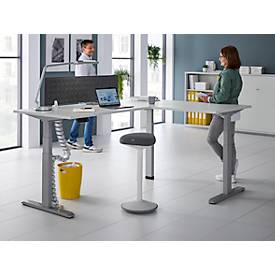 90° Winkeltisch mit Akustik-Tischtrennwand & Kabelführung, Memorymaster, elektrisch höhenverstellbar, T-Fuß, B 2000 x T 1600 mm, graphit