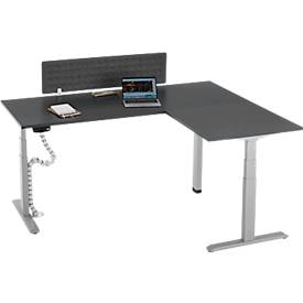 90° Winkeltisch mit Akustik-Tischtrennwand & Kabelführung, Memorymaster, elektrisch höhenverstellbar, T-Fuß, B 2000 x T 1600 mm, graphit