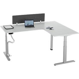 90° Winkeltisch mit Akustik-Tischtrennwand & Kabelführung, Memorymaster, elektrisch höhenverstellbar, T-Fuß, B 2000 x T 1600 mm, lichtgrau