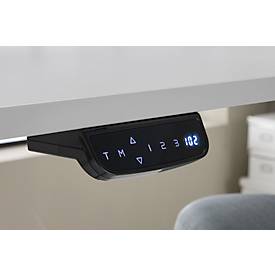 90° Winkeltisch mit Akustik-Tischtrennwand & Kabelführung, Memorymaster, elektrisch höhenverstellbar, T-Fuß, B 2000 x T 1600 mm, lichtgrau