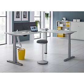 90° Winkeltisch mit Akustik-Tischtrennwand & Kabelführung, Memorymaster, elektrisch höhenverstellbar, T-Fuß, B 2000 x T 1600 mm, weiß