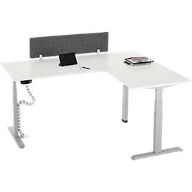 90° Winkeltisch mit Akustik-Tischtrennwand & Kabelführung, Memorymaster, elektrisch höhenverstellbar, T-Fuß, B 2000 x T 1600 mm, weiß