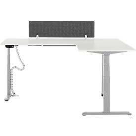 90° Winkeltisch mit Akustik-Tischtrennwand & Kabelführung, Memorymaster, elektrisch höhenverstellbar, T-Fuß, B 2000 x T 1600 mm, weiß