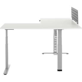 90° Winkeltisch mit Akustik-Tischtrennwand & Kabelführung, Memorymaster, elektrisch höhenverstellbar, T-Fuß, B 2000 x T 1600 mm, weiß