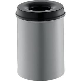 Abfallsammler, für den Innen- & Außenbereich, Volumen 15 l, selbstlöschender Deckel, Ø 255 x H 300 mm, Metall, alufarbig/schwarz