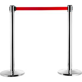 Absperrpfosten, chromsilber, Gurtband rot, ausziehbar bis 2 m, selbstaufrollend, mit Bremse, Ø 360 x H 1040 mm, Metall verchromt