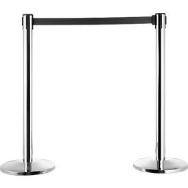 Absperrpfosten, chromsilber, Gurtband schwarz, ausziehbar bis 2 m, selbstaufrollend, mit Bremse, Ø 360 x H 1040 mm, Metall verchromt