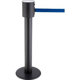 Absperrpfosten RS-Guidesystems® GLA 200, schwarz, Gurtband blau & ausziehbar bis 20 m, Ø 350 x H 1000 mm, Metall lackiert & Kunststoff